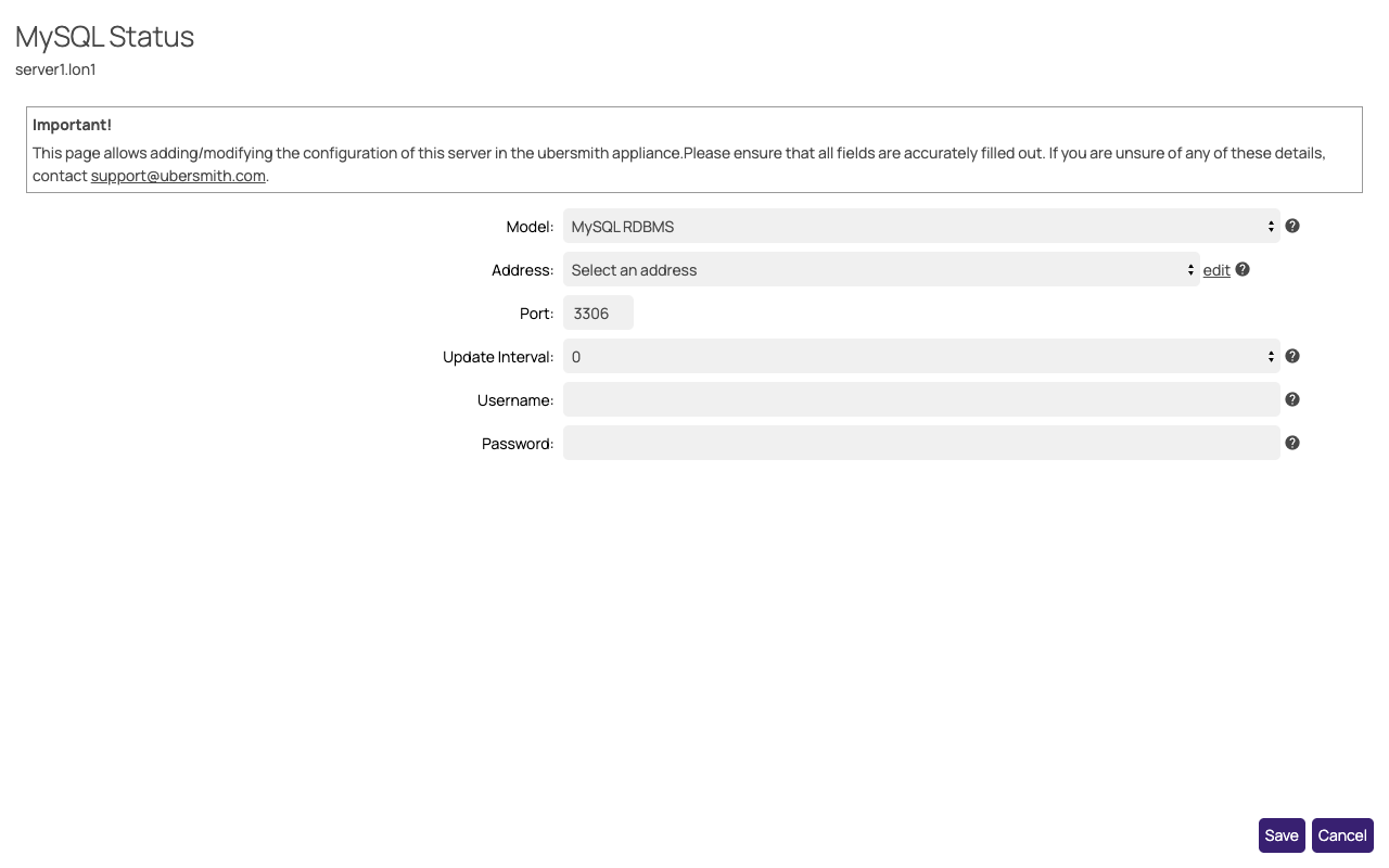 MySQL Status device module configuration popup