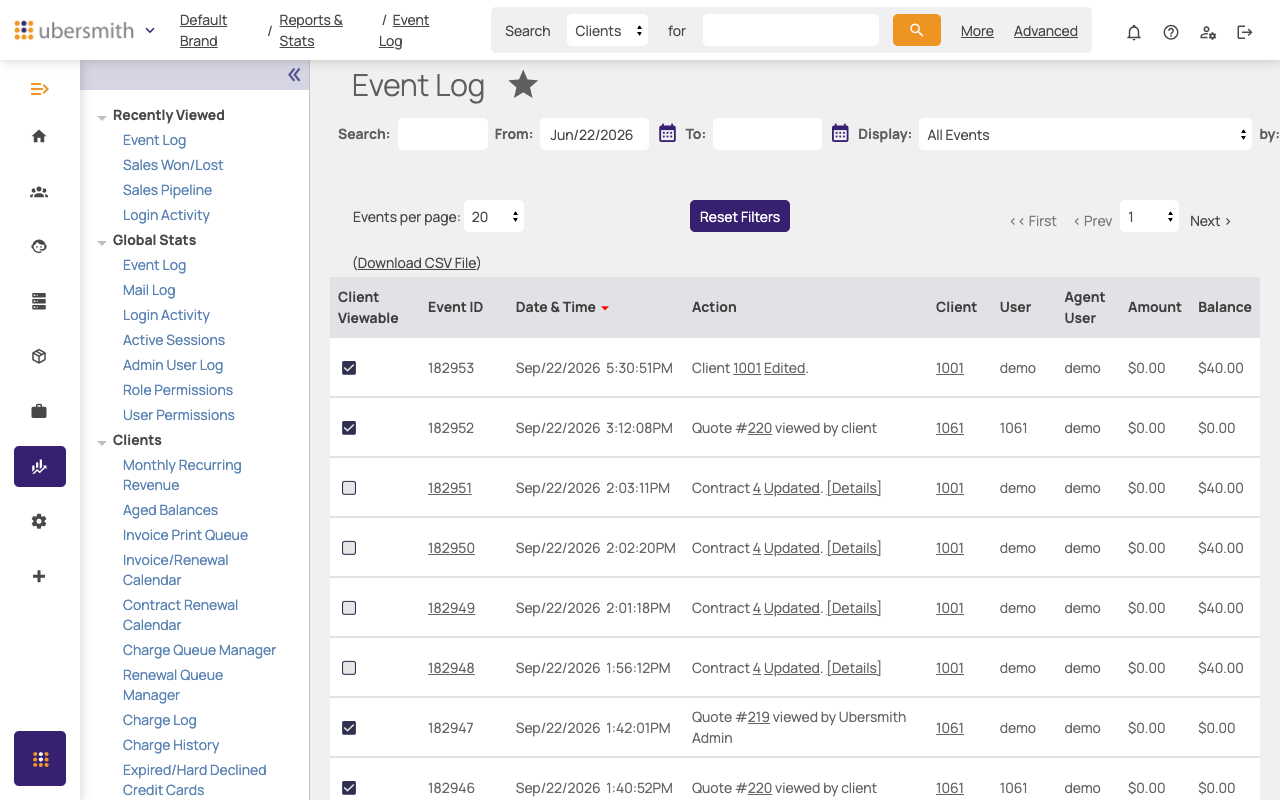 Reports & Stats sidebar, Clients section expanded