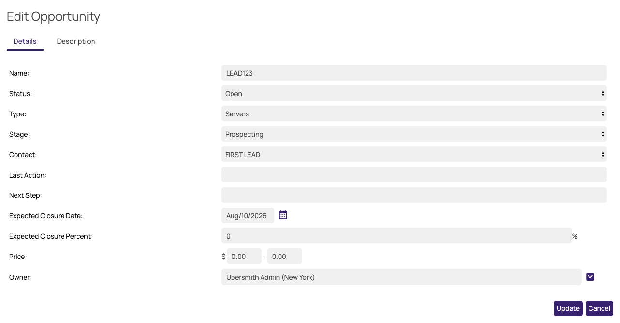 Edit Opportunity form, Details tab