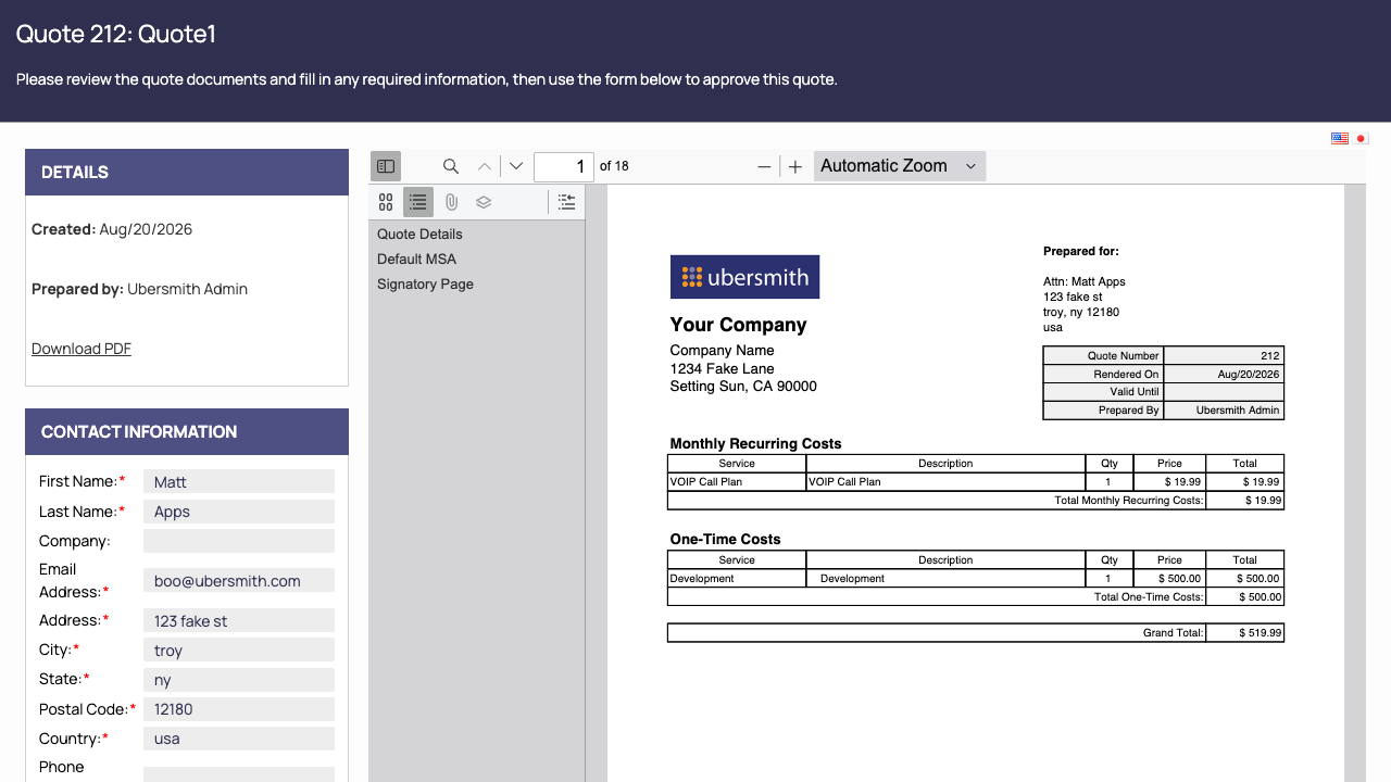 The public quote page a client sees when they open their quote link