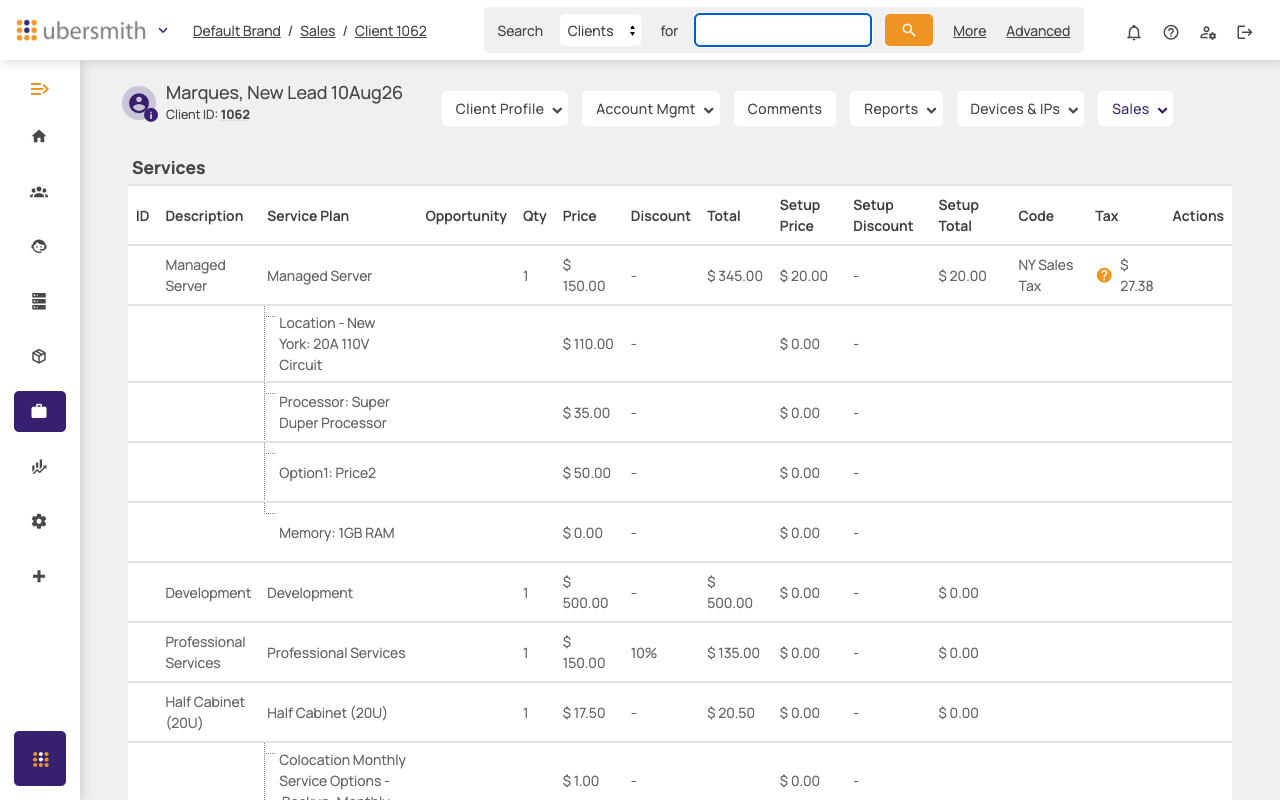 Services table on a quote, showing line items and per-item Opportunity links