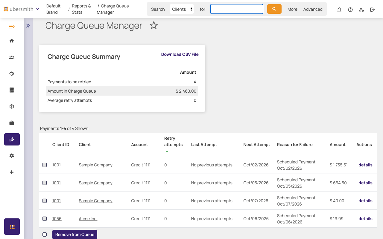 The Charge Queue Manager, with the Charge Queue Summary and the list of queued payments