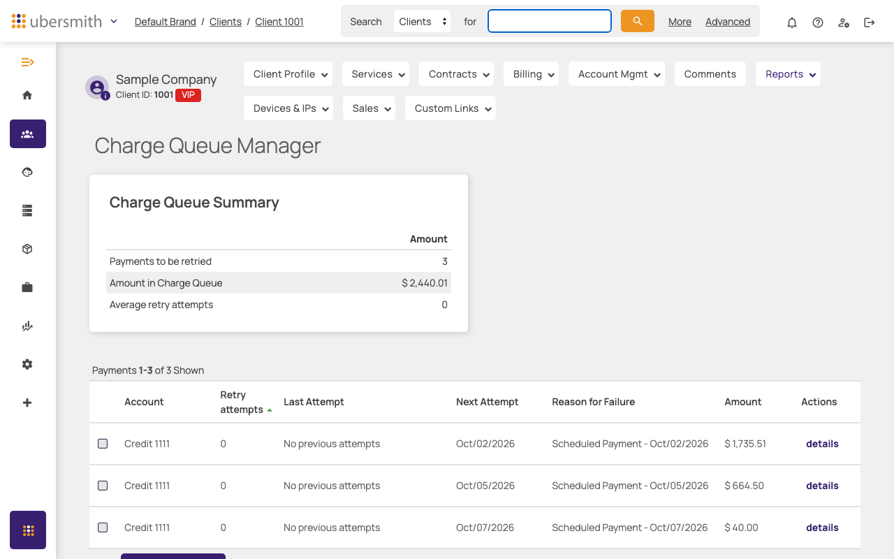The Charge Queue report of one client