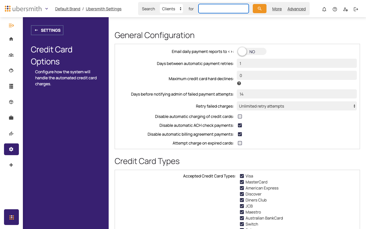 The General Configuration section of the Credit Card Options page, with the retry settings