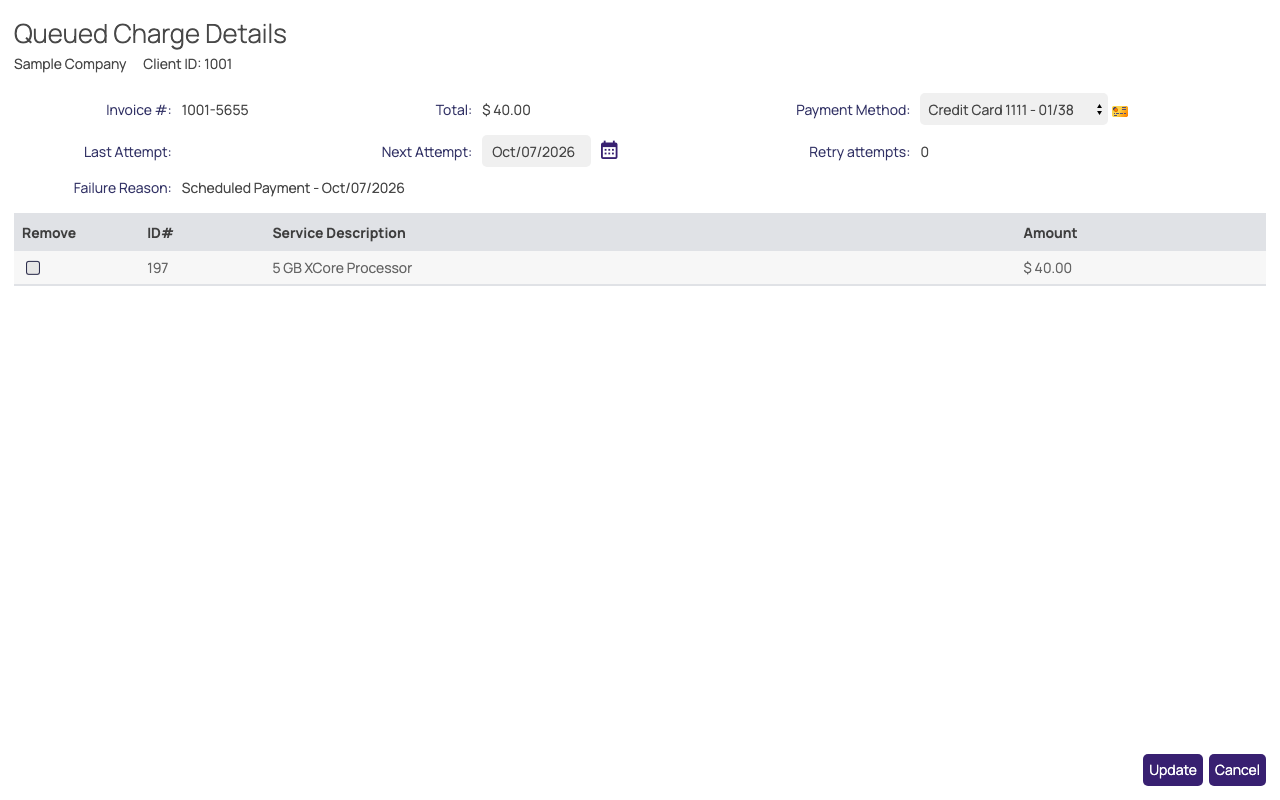 The Queued Charge Details popup, with the payment method, the next attempt date, and the services in the payment