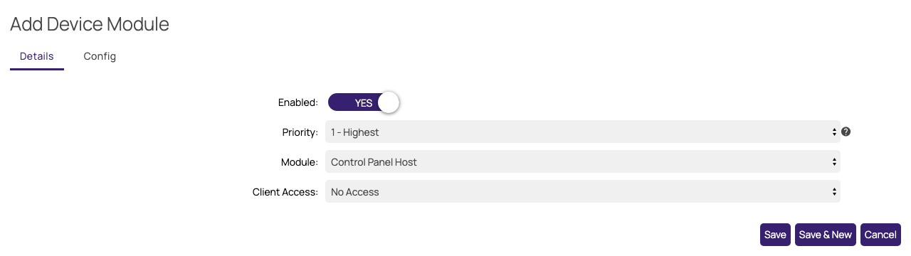 The Add Device Module popup, with Control Panel Host selected