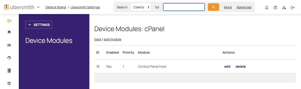 The device modules of the cPanel device type, with the Control Panel Host module