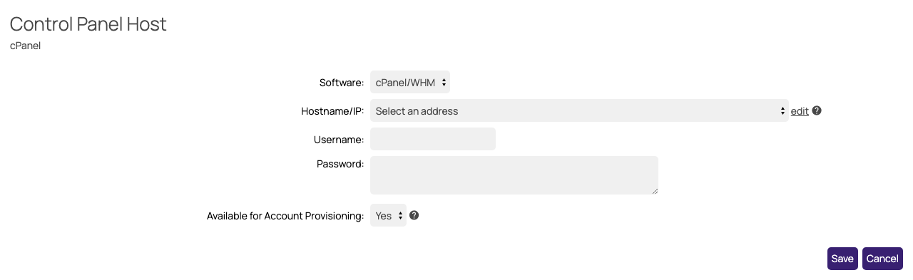 The Control Panel Host popup, with cPanel/WHM selected