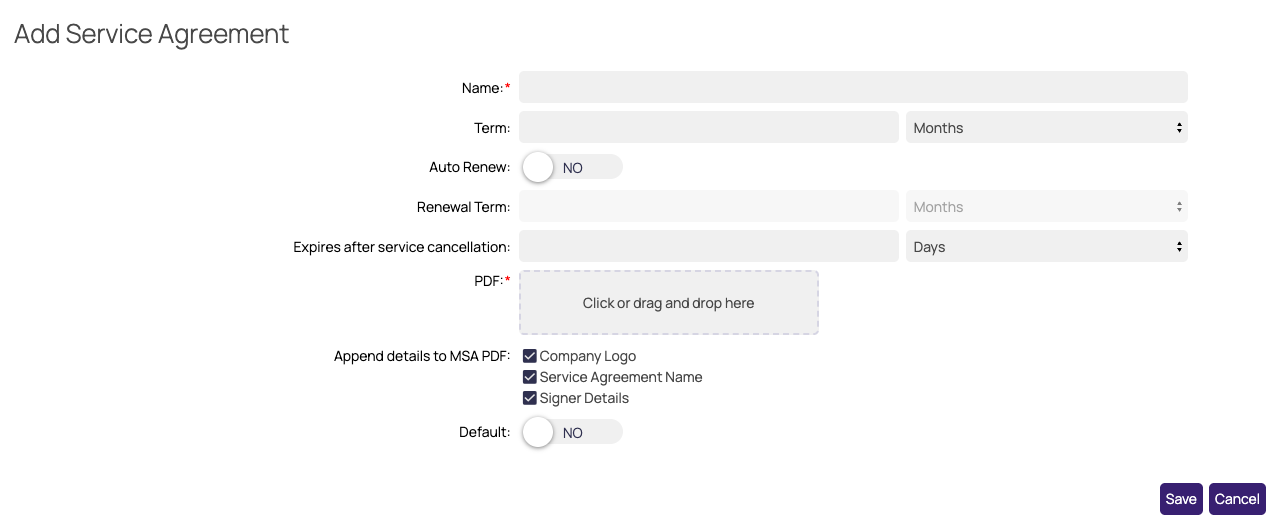 Add Service Agreement form