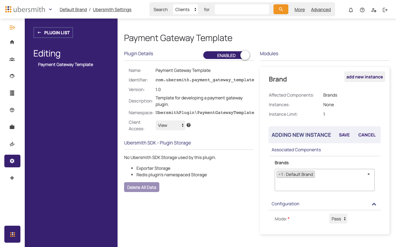 The Payment Gateway Template plugin page, with a new instance for Default Brand and Mode set to Pass