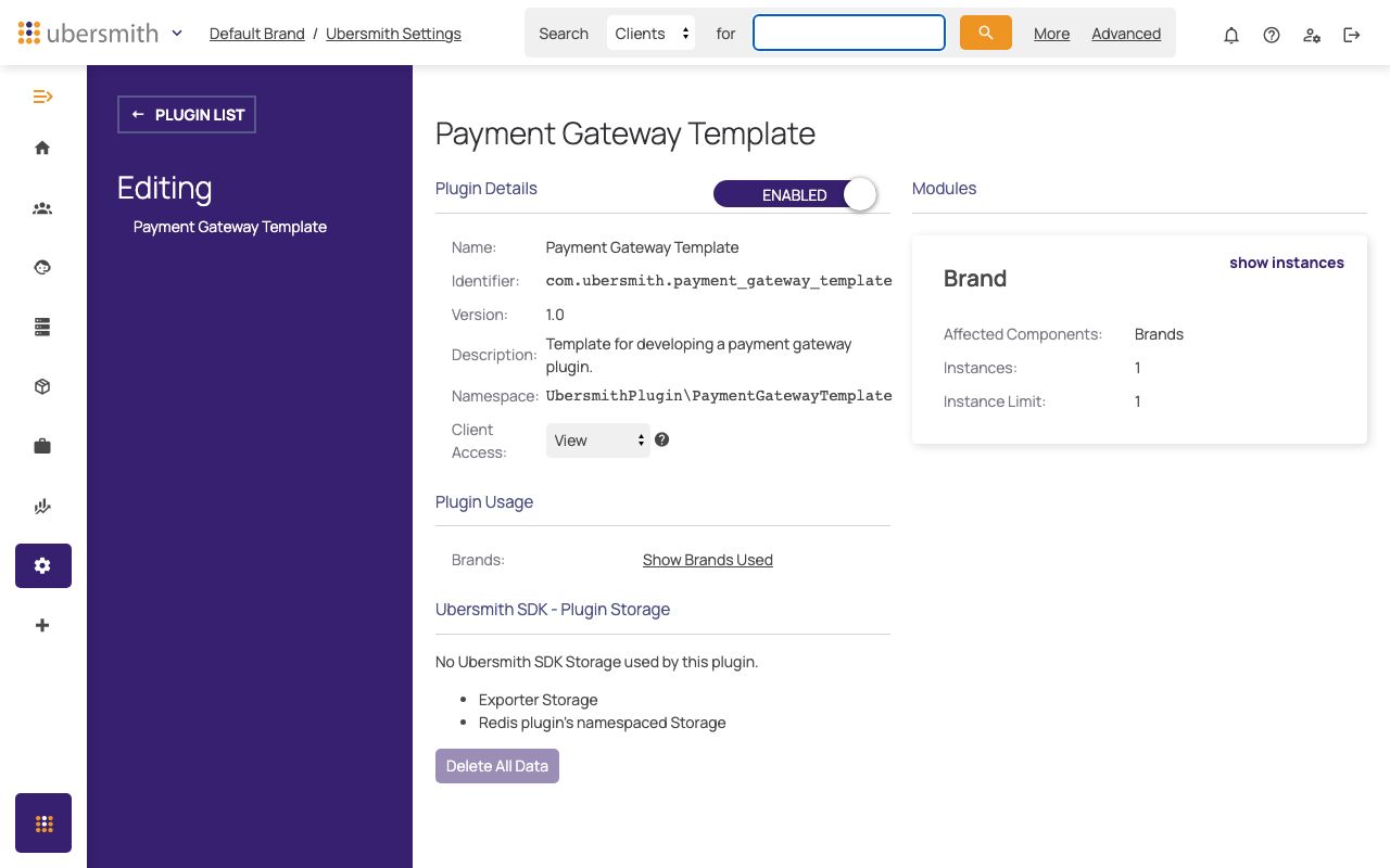 The Payment Gateway Template plugin page, with one instance