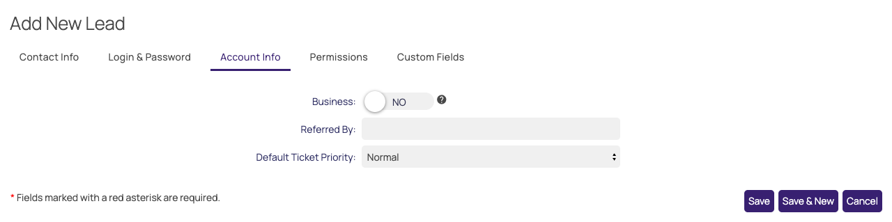 Add New Lead form, Contact Info tab