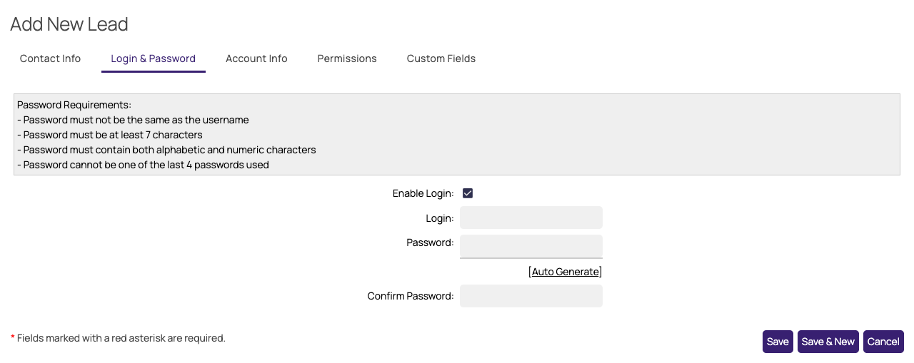 Add New Lead form, Login & Password tab