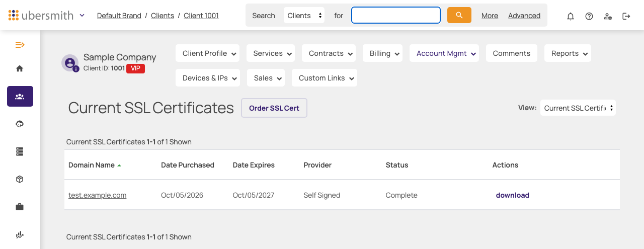 The List SSL Certs page with a completed self-signed certificate