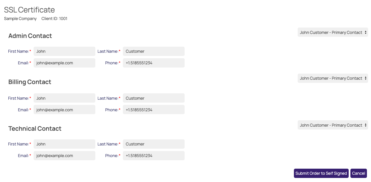 The contact step of the SSL Certificate popup