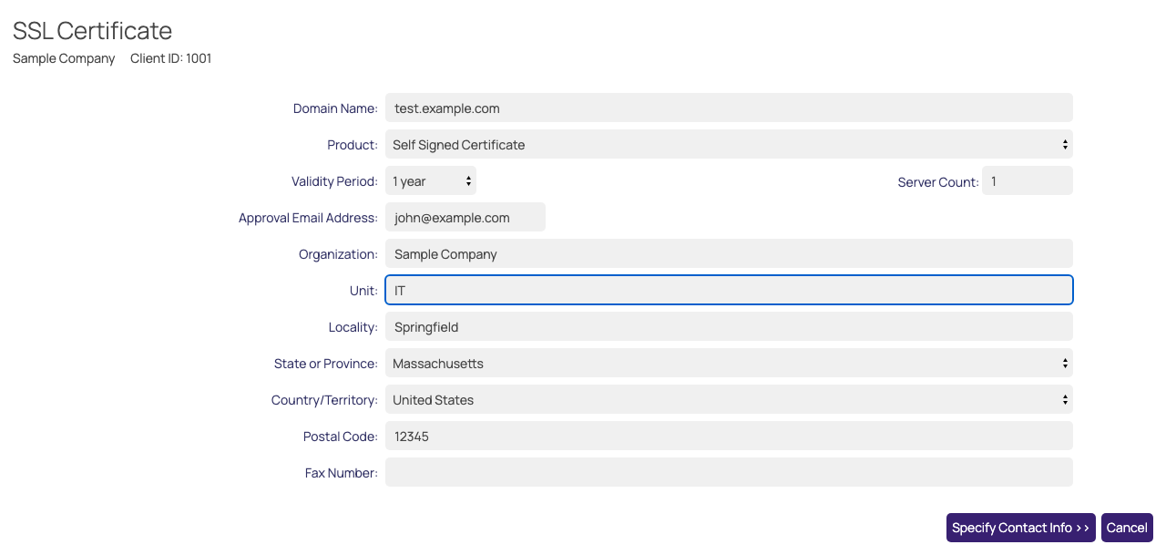 The first step of the SSL Certificate popup
