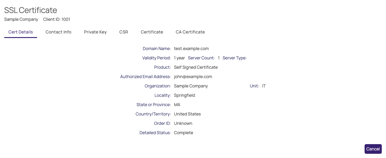 The Cert Details tab of an SSL certificate