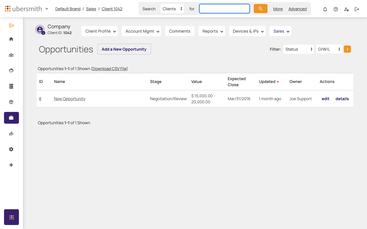 Client-scoped opportunities list with the Status filter selected