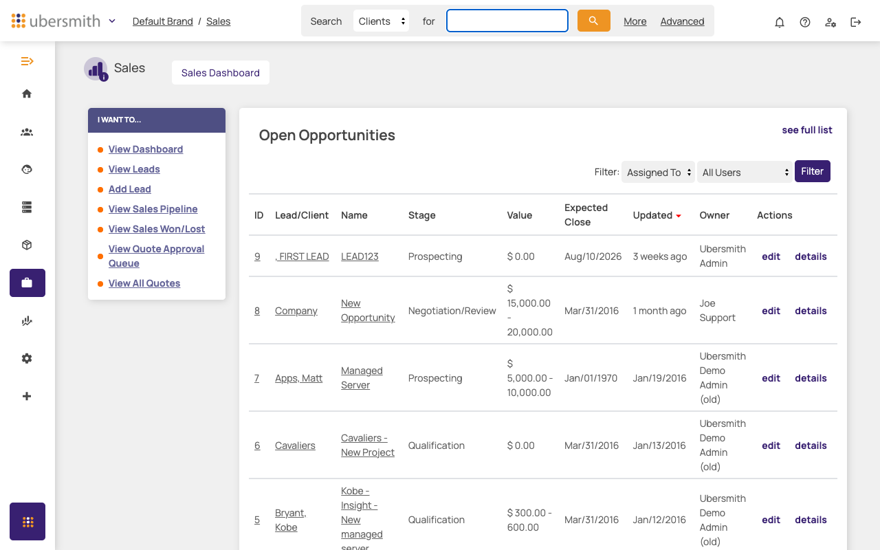 Sales landing page with the Open Opportunities panel