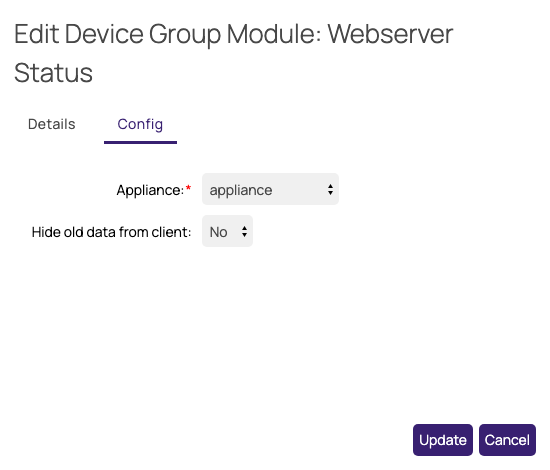 The Config tab of the Edit Device Group Module popup for the Webserver Status module