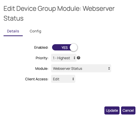 The Details tab of the Edit Device Group Module popup