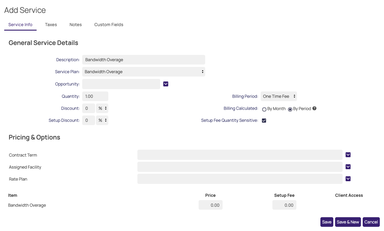 Add Service form, Service Info tab