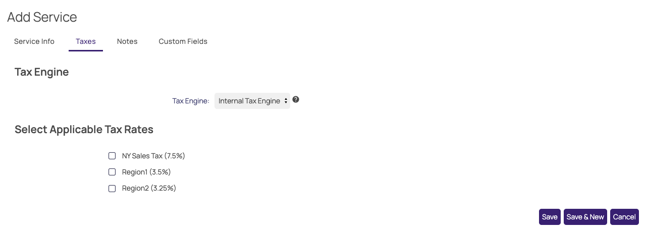 Add Service form, Taxes tab (Internal Tax Engine)