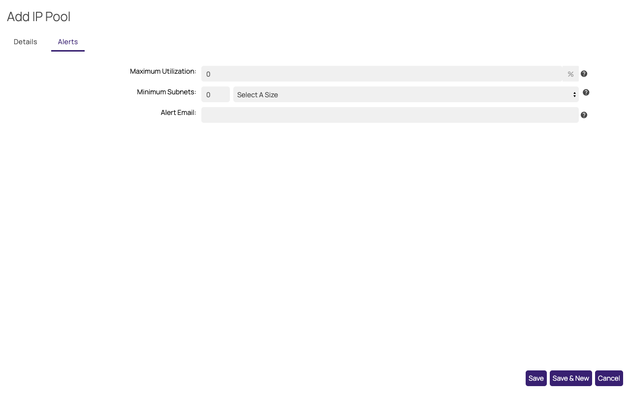 Add IP Pool popup, Alerts tab