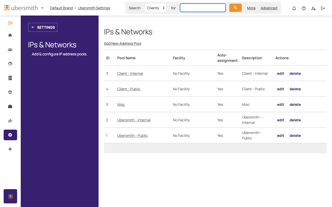 IPs & Networks page listing existing pools
