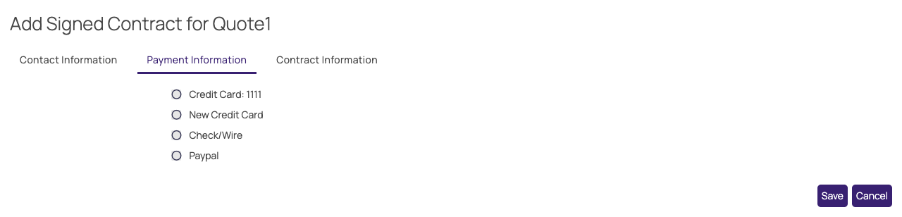 Add Signed Contract form, Payment Information tab