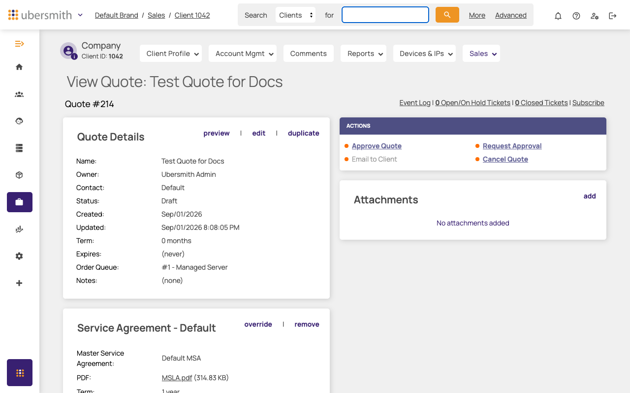 Draft quote's Actions panel, with Request Approval available