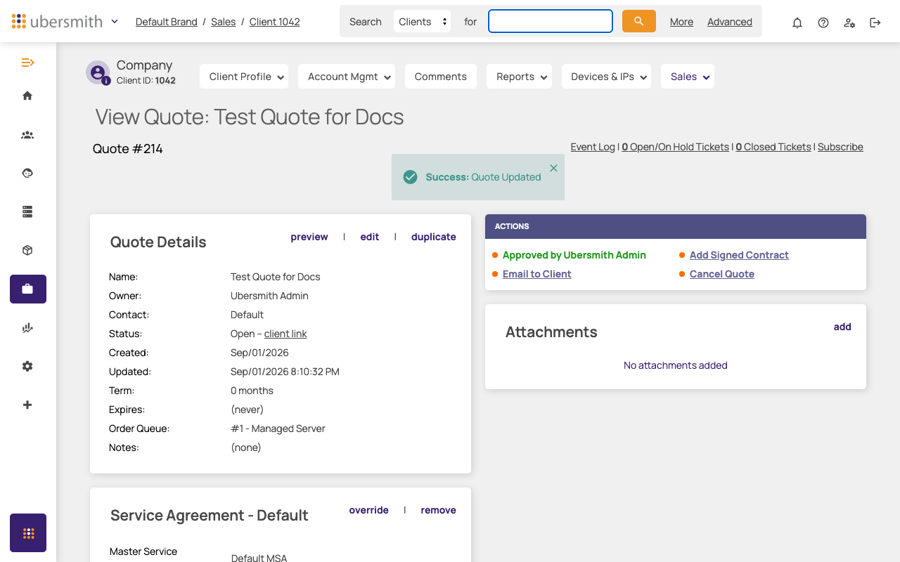 Approved quote's Actions panel, with Email to Client and Add Signed Contract available