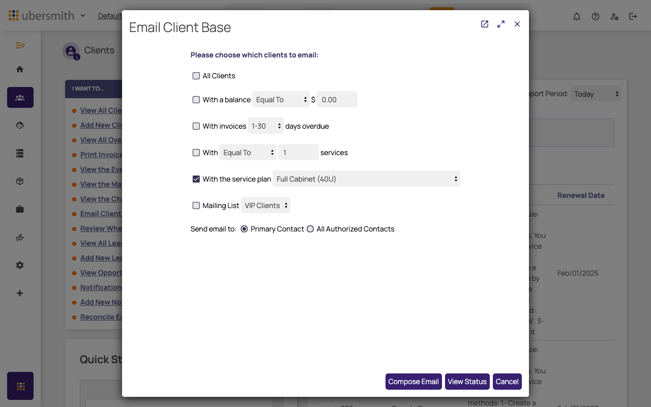 The Email Client Base window with the With the service plan filter selected