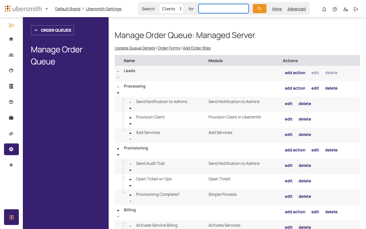 Manage Order Queue page showing steps and actions for an existing queue