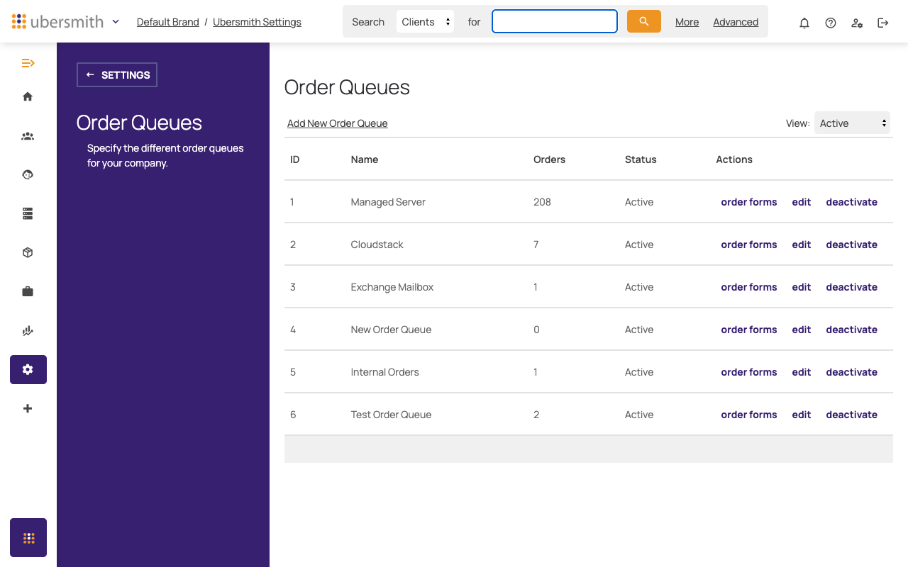 Order Queues page listing existing queues