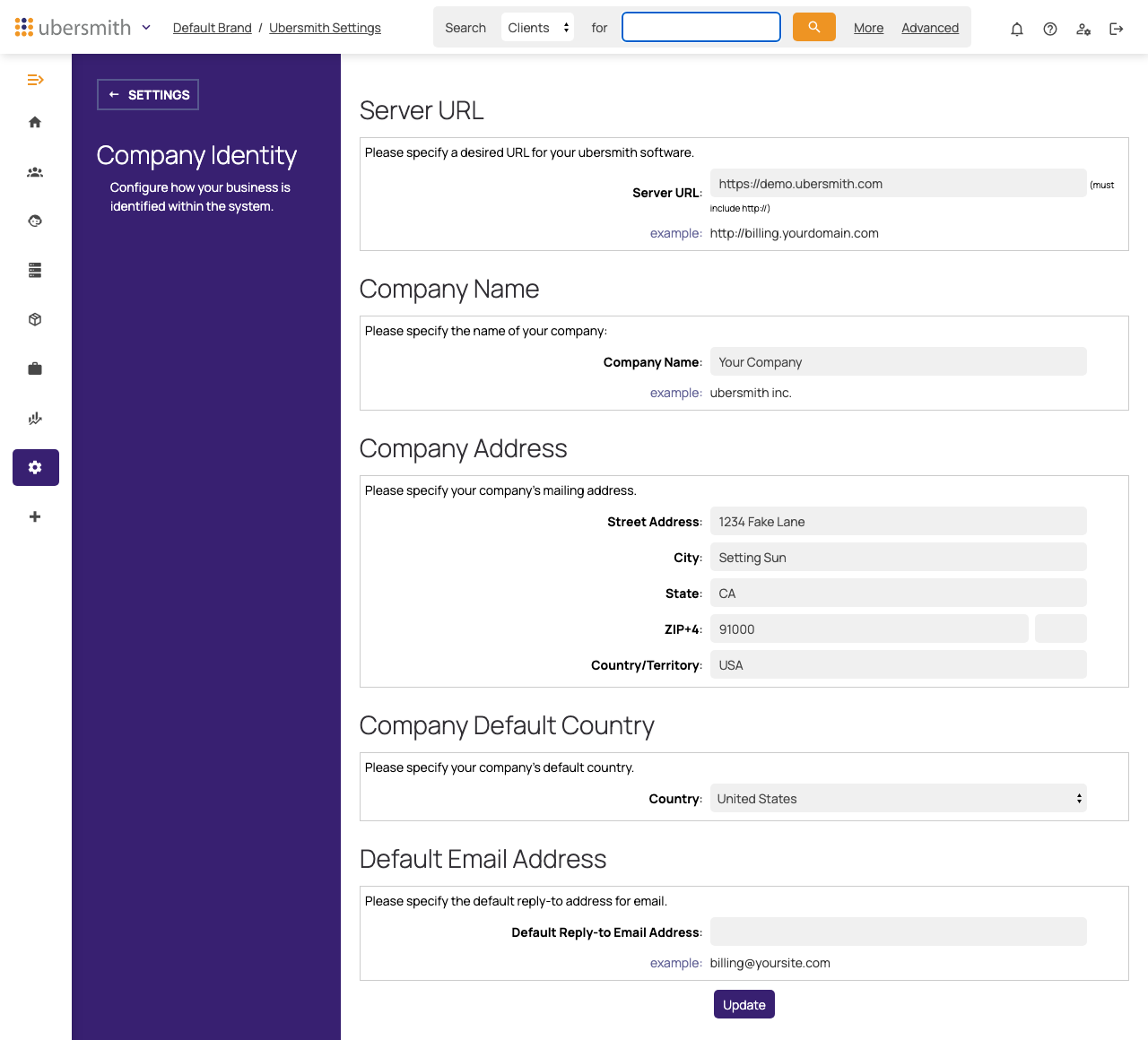 The top of the Company Identity page
