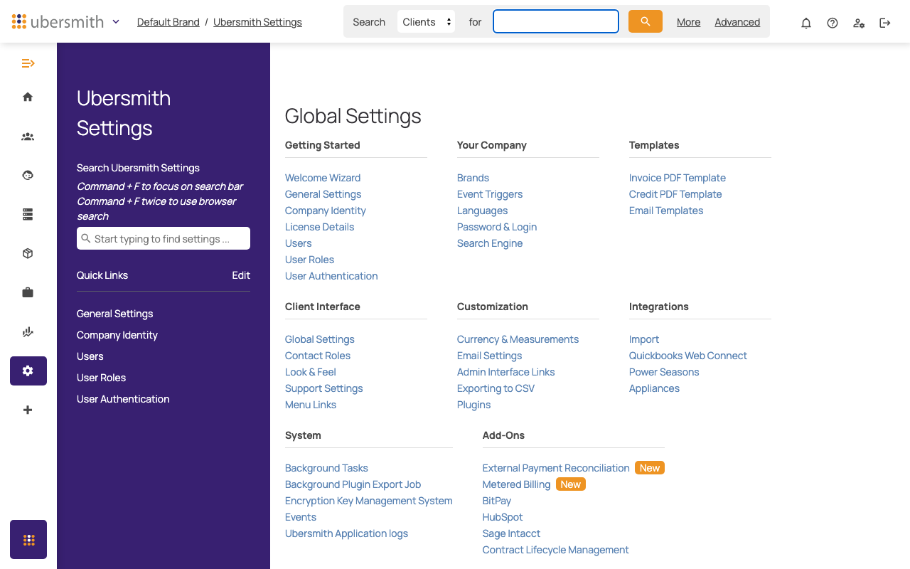 The Ubersmith Settings page with the Company Identity link
