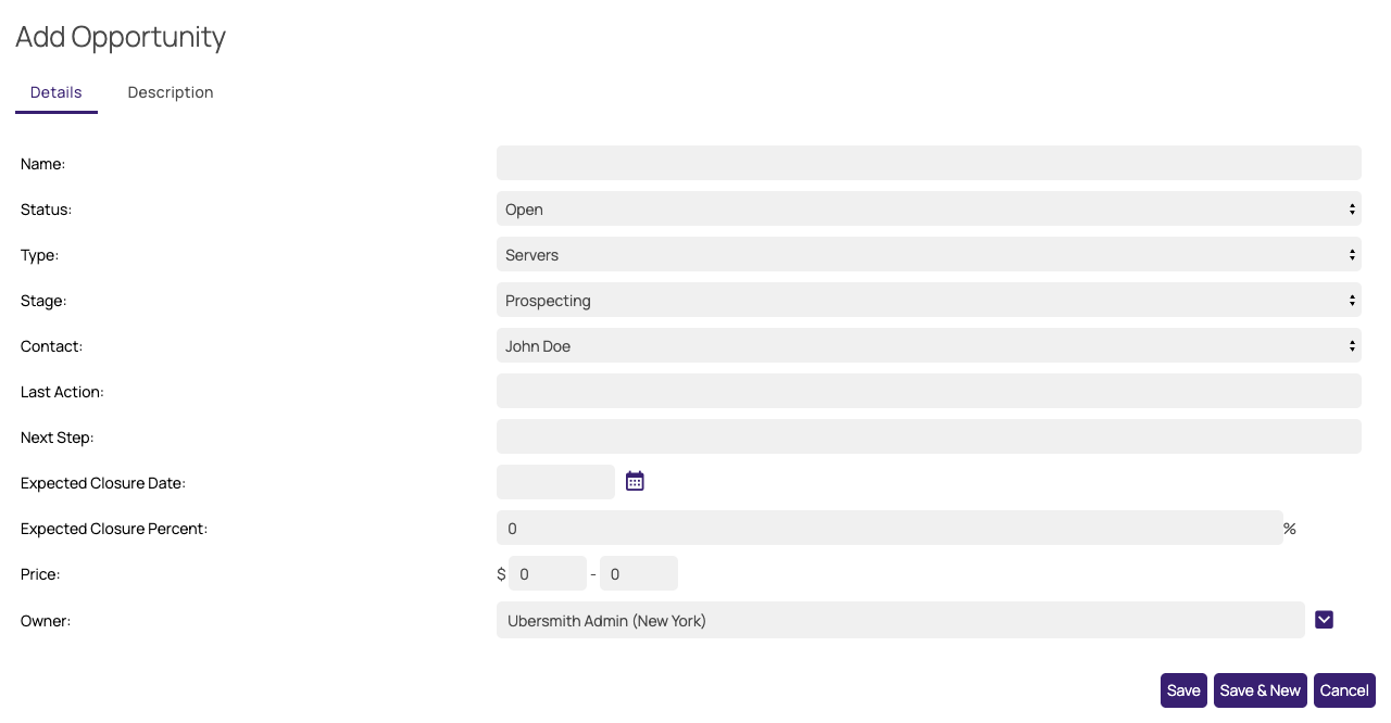 Add Opportunity form, Details tab