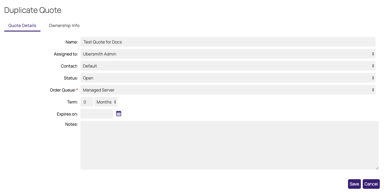 Duplicate Quote form, Quote Details tab