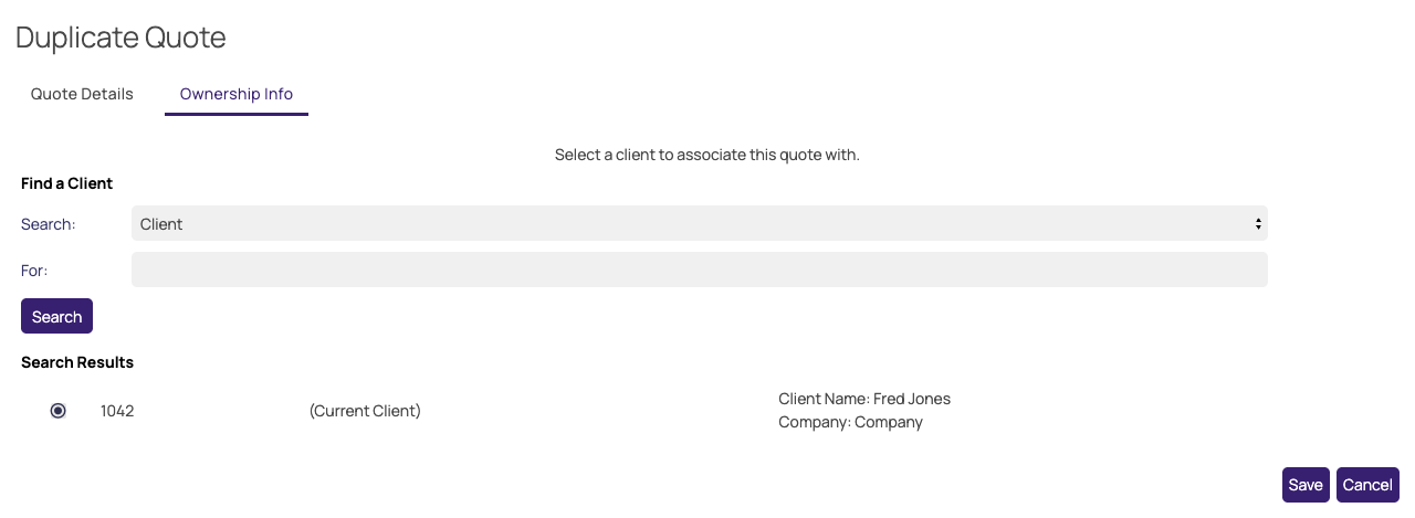 Duplicate Quote form, Ownership Info tab