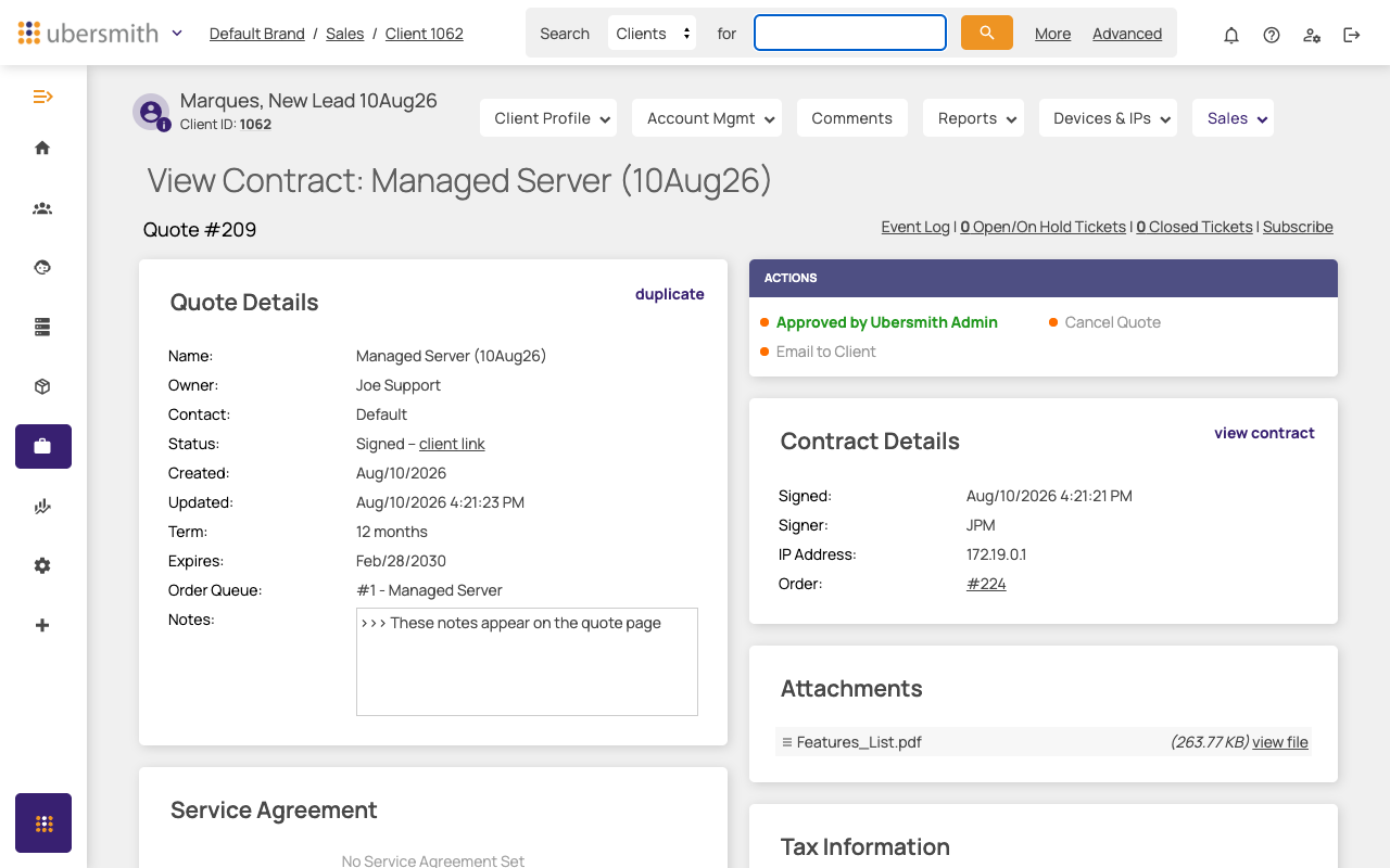 Quote header bar showing Event Log, ticket counts, and Subscribe, plus the Tax Information section