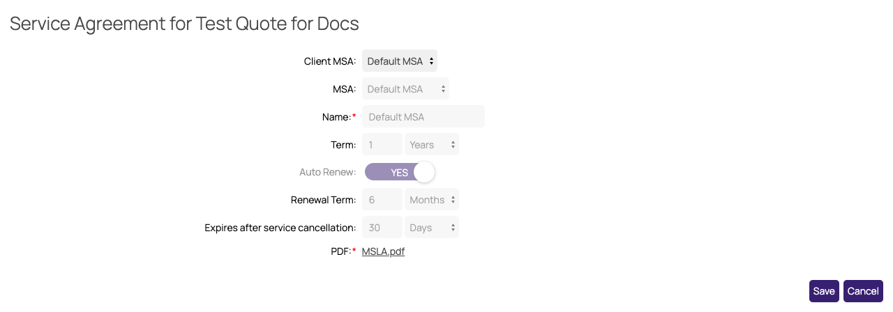 Service Agreement section on a quote using the default MSA