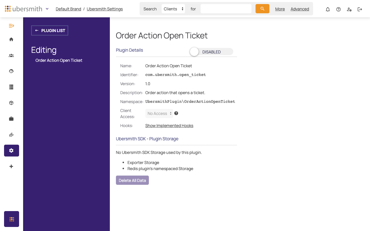 Plugin Details for a disabled plugin, showing Name, Identifier, Version, Description, Namespace, Client Access, and Hooks