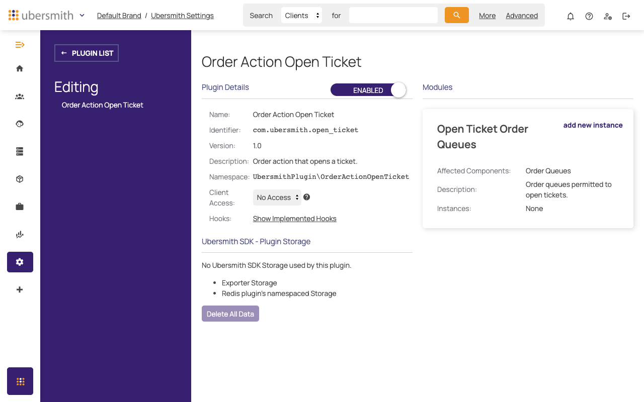 Enabled plugin with a Modules section showing one module card and an "add new instance" link