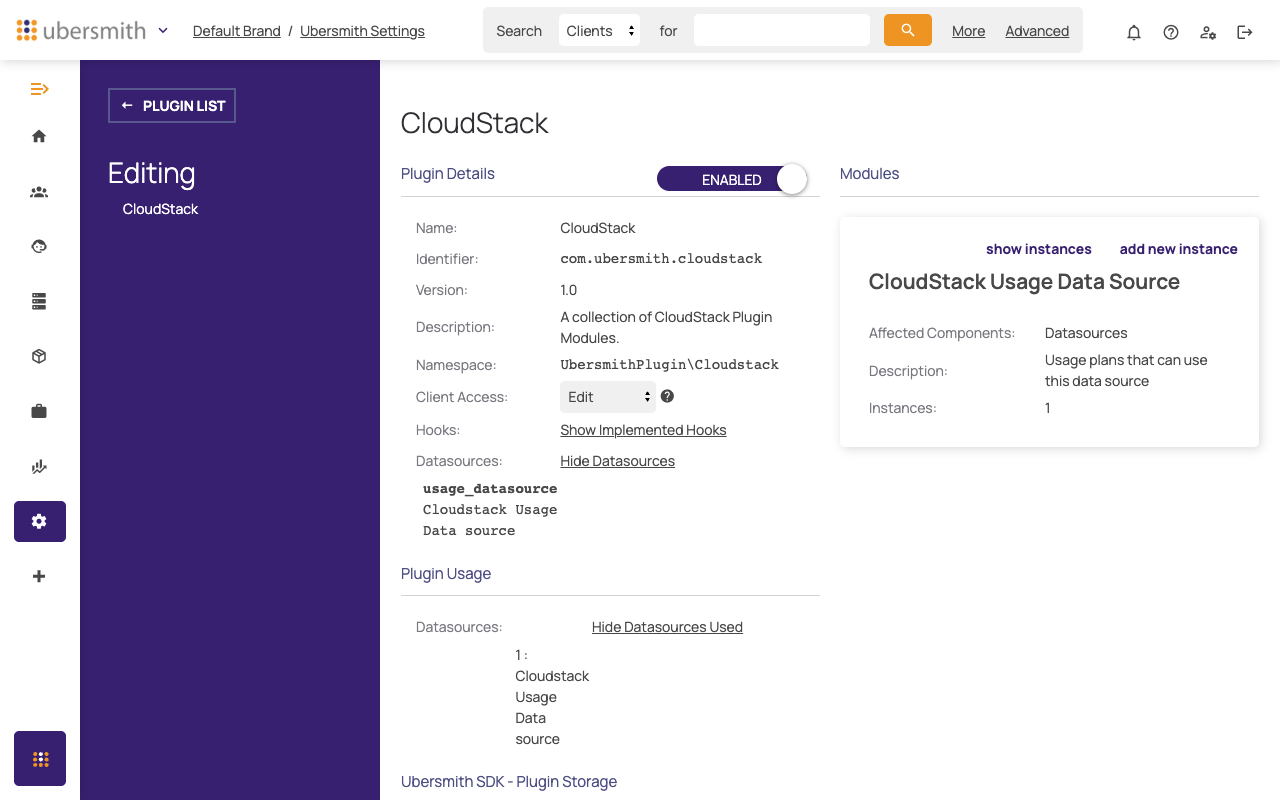 CloudStack plugin with Datasources and Plugin Usage sections expanded
