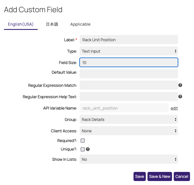 Add Custom Field popup, Details tab