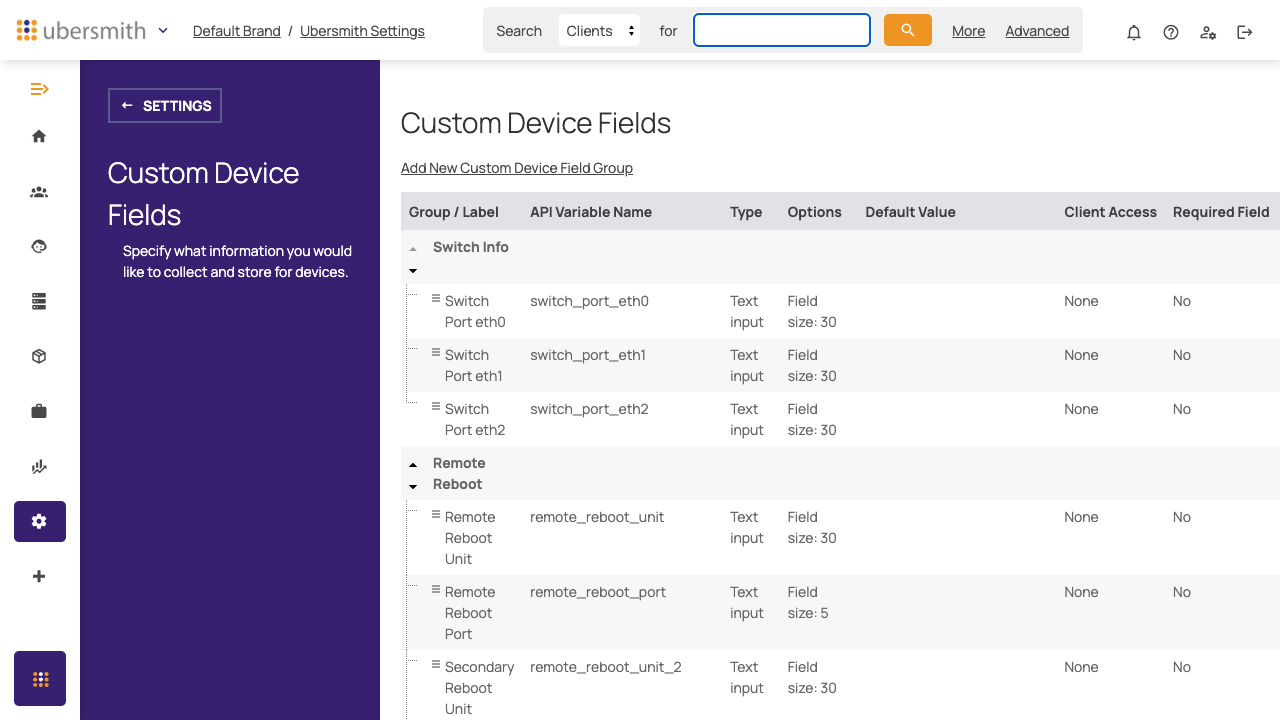 Custom Device Fields page