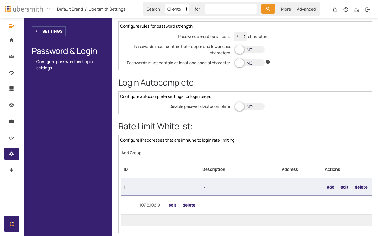 Rate Limit Whitelist section of the Password & Login settings page