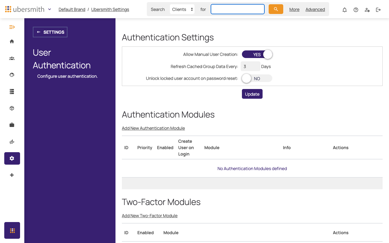 User Authentication settings page, showing the unlock-on-password-reset toggle