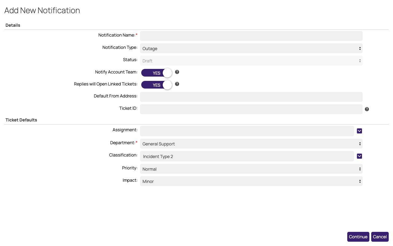 Add New Notification form showing Details and Ticket Defaults
